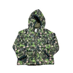 Amazon Essentials Girls Puffer Jacket 4T Green Floral Hooded Packable Zip